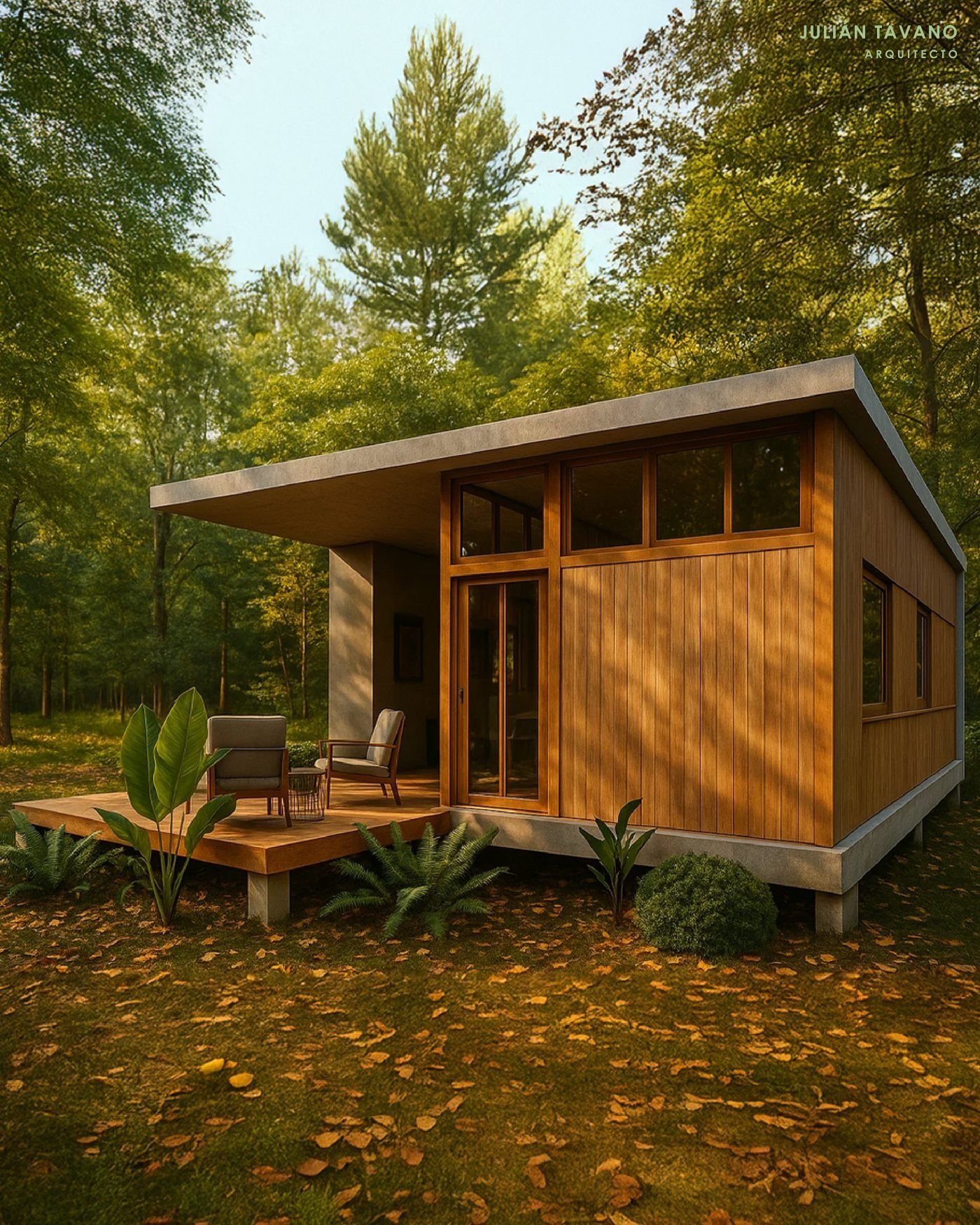 Cabaña Brote — living-comedor con luz natural
