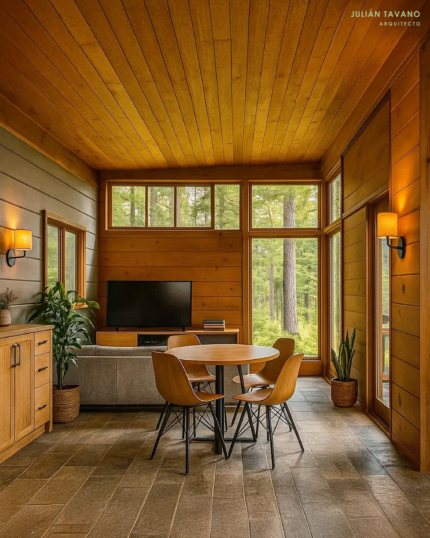 Cabaña Brote — interior con ventanales al bosque