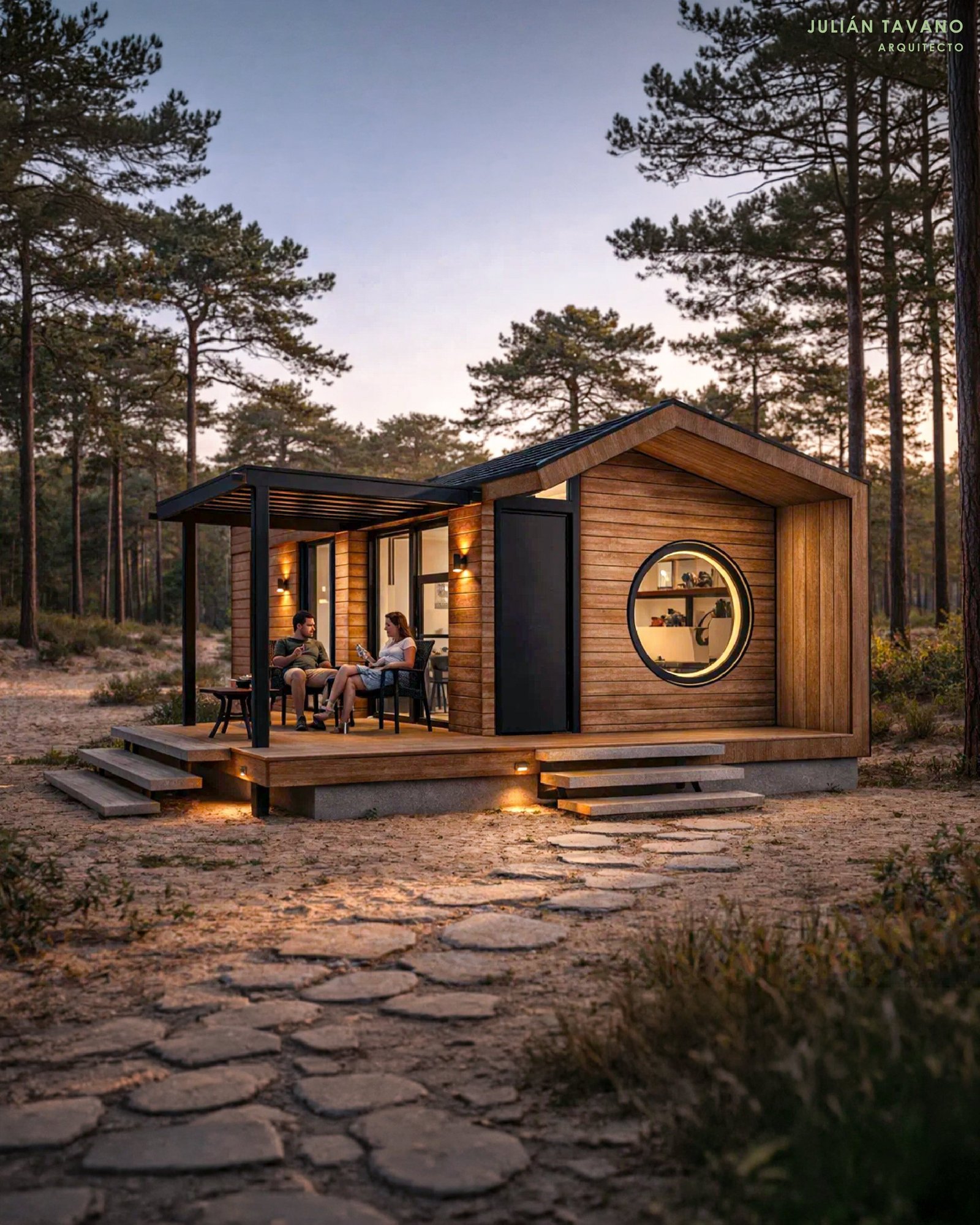 Casa Cardón — exterior nocturno con deck en entorno de pinos