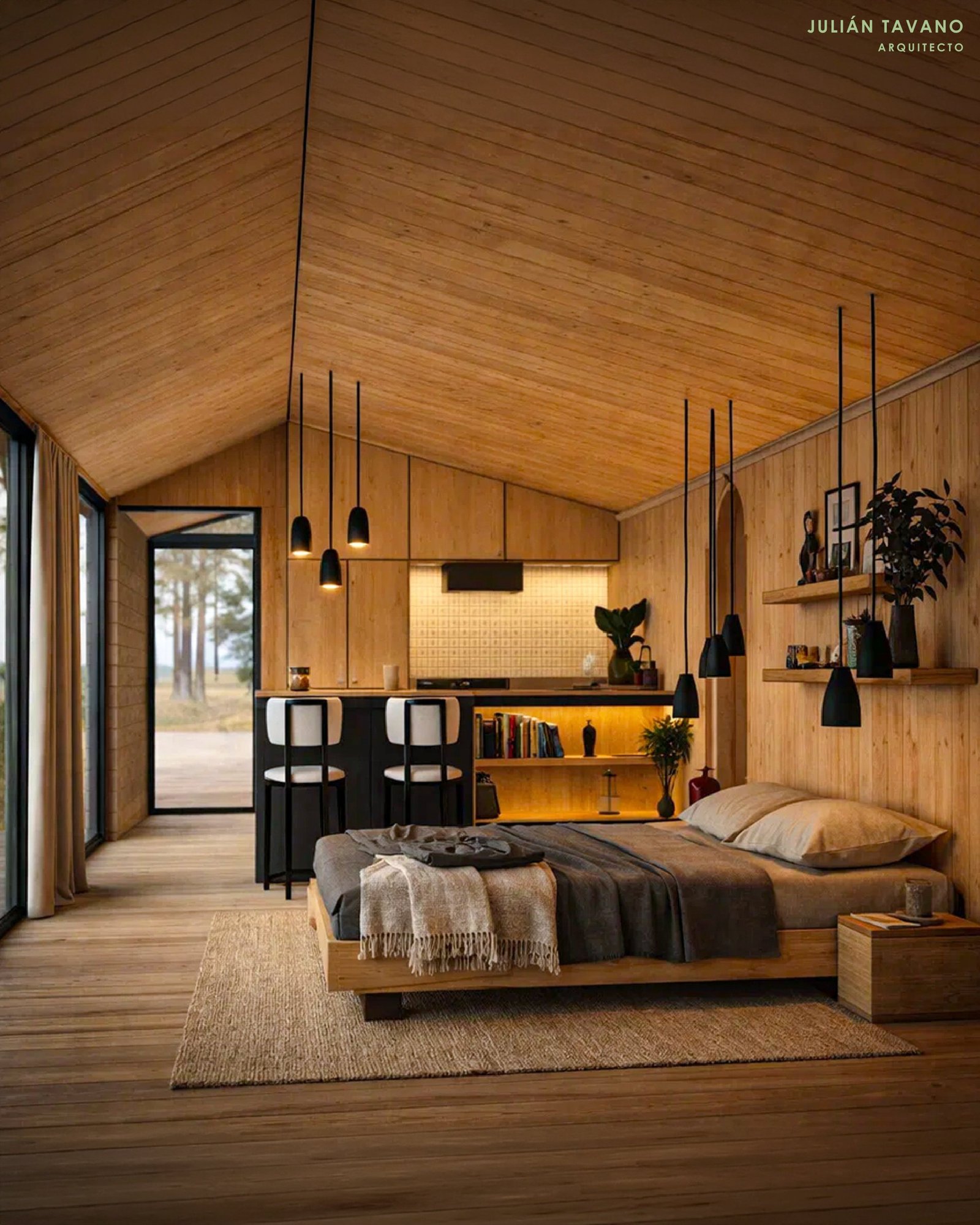 Casa Cardón — ambiente integrado con dormitorio y cocina