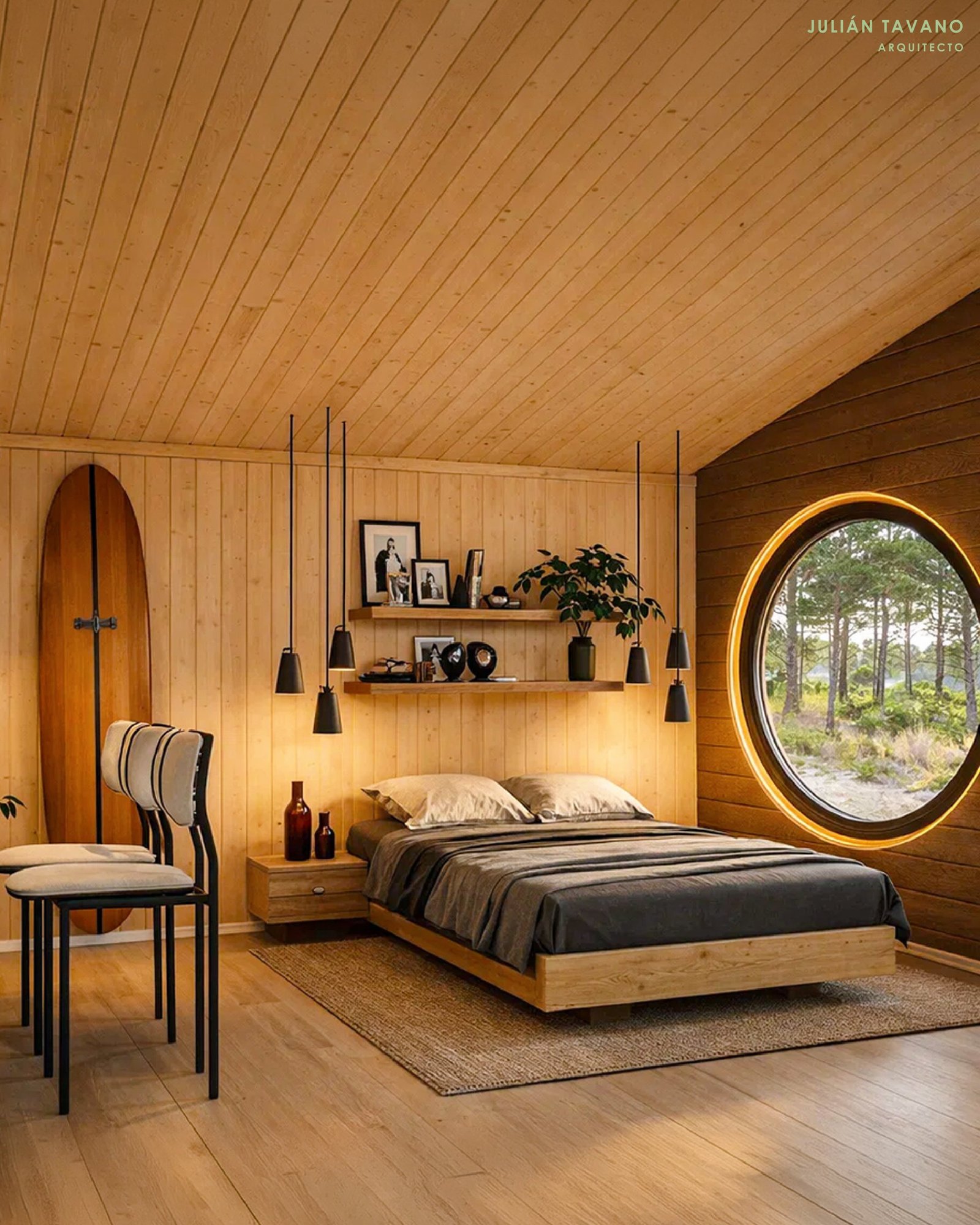 Casa Cardón — dormitorio con ventana circular al bosque