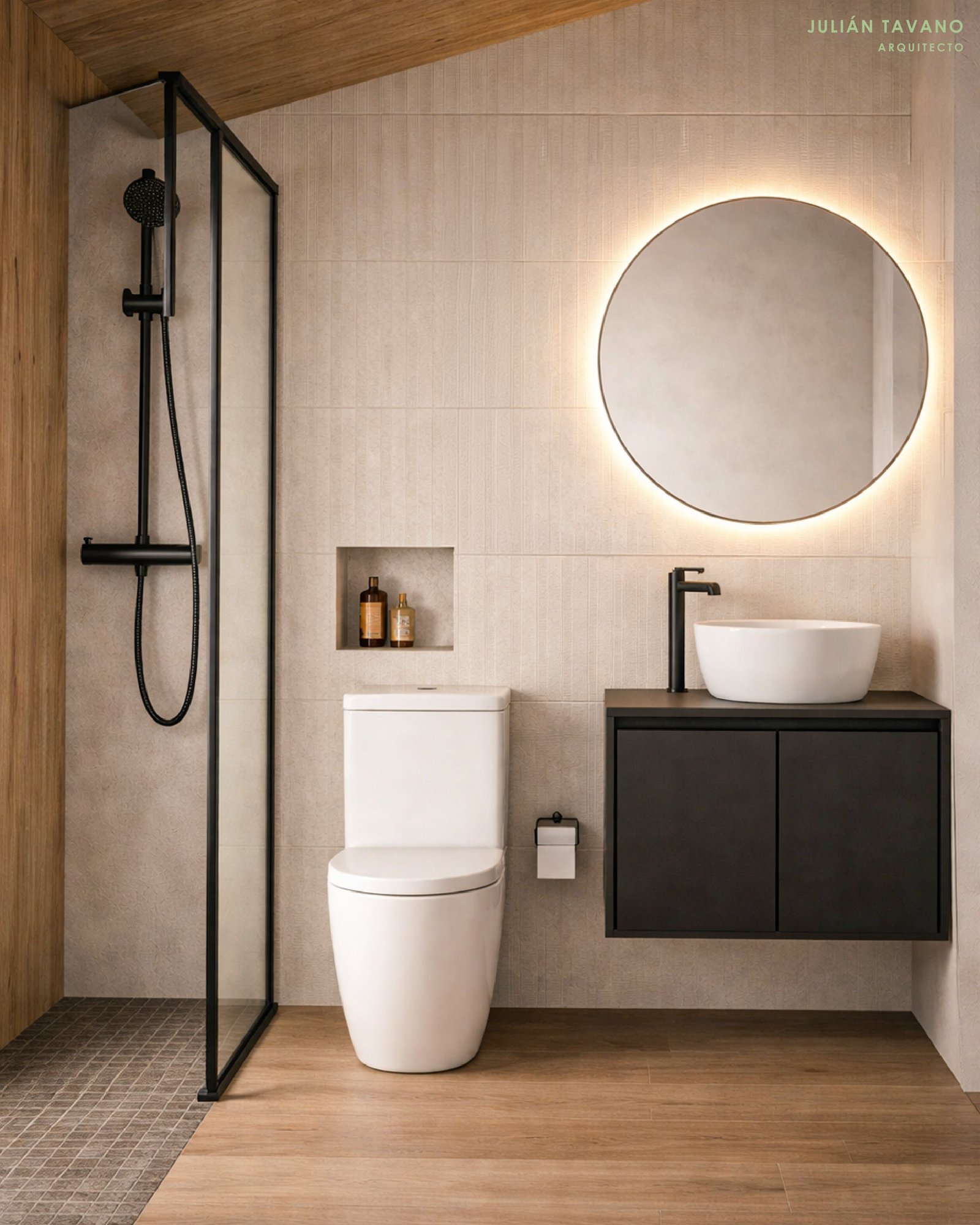 Casa Cardón — baño completo con ducha y espejo circular