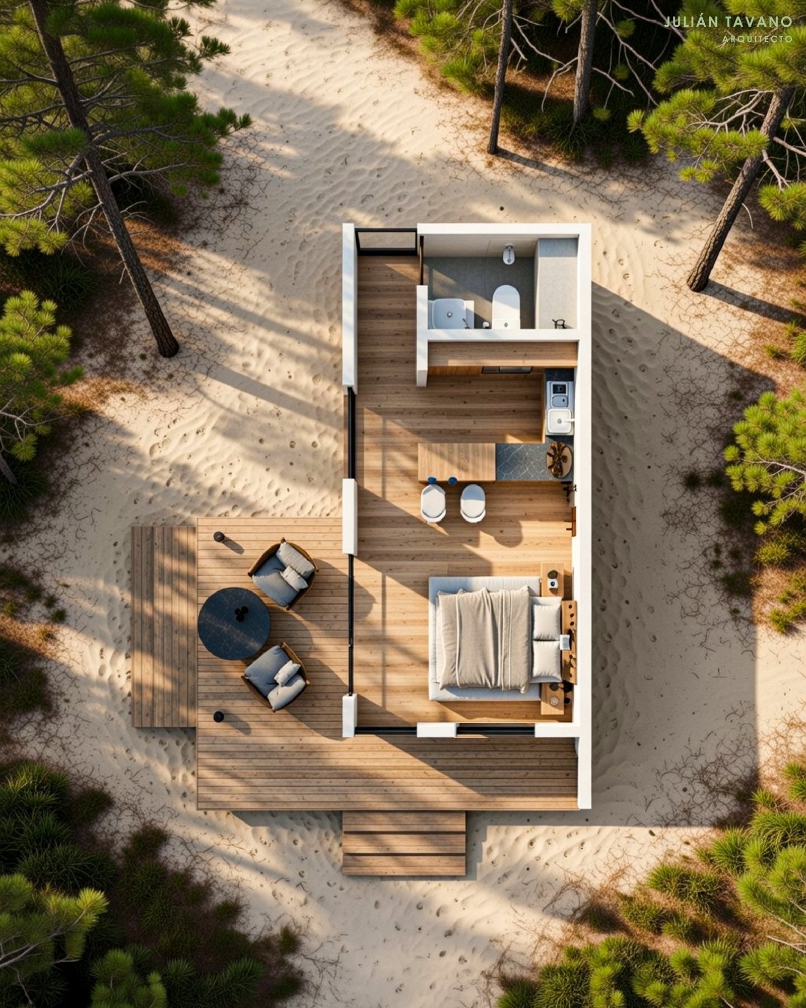 Casa Cardón — planta aérea con deck y distribución